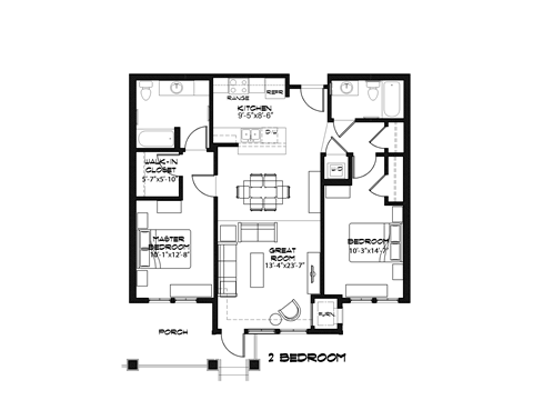 Floor plan for 2 beds, 2 baths, 975 sqft
